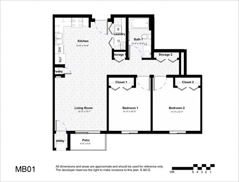 Floor plan for 2 beds, 1 bath, 894 sqft